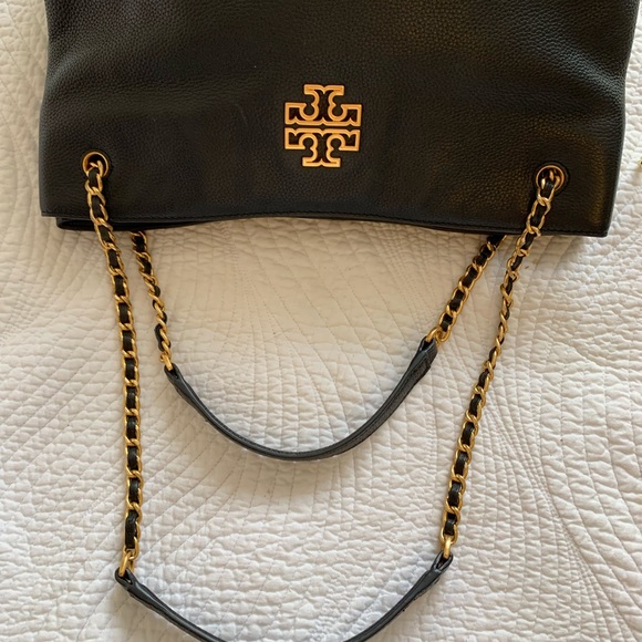 TORY BURCH Britten Pebbled Leather Slouchy Tote Handbag. Black - Picture 14 of 14